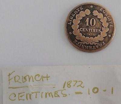 French 10 Centimes coin from 1872 in good condition