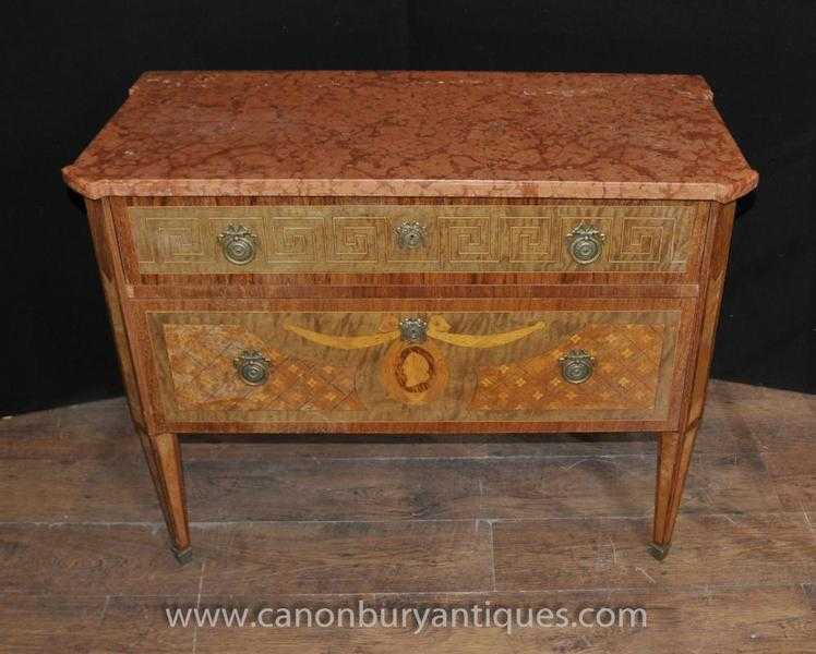 French Napoleon III Antique Commode Chest Drawers Marquetry Inlay