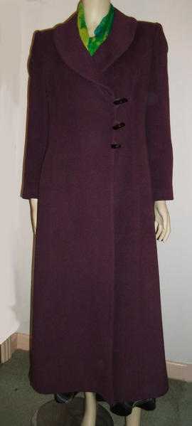 Full length purple wool amp angora coat with shawl collar, size 810