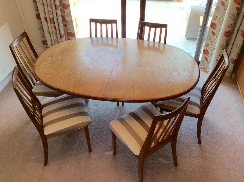 G Plan extending teak dining table and six chairs
