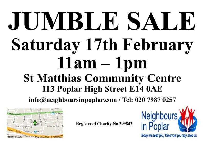 Giant Jumble Sale 17th February Poplar E14 11am -1pm