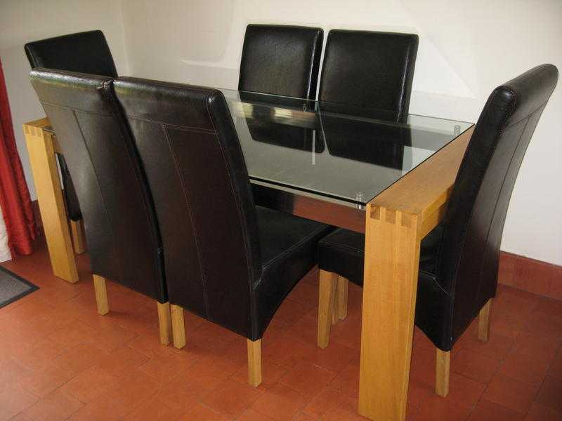 Glass Top Table with Solid Oak Ends amp 6 Brown Faux Leather Chairs