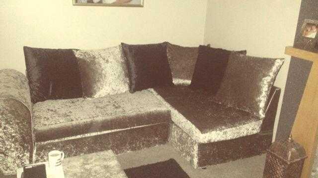 Gold crushed velvet 3 Corner sofa, cuddle chair amp poof