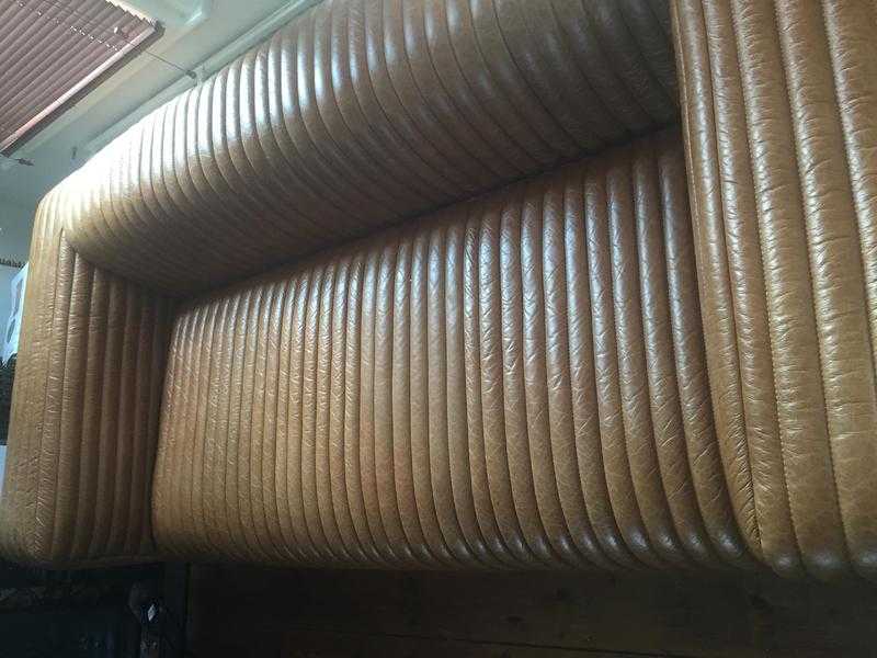 Gorgeous Ribbed Tan Leather Sofa and Tub armchair - 1 year old.