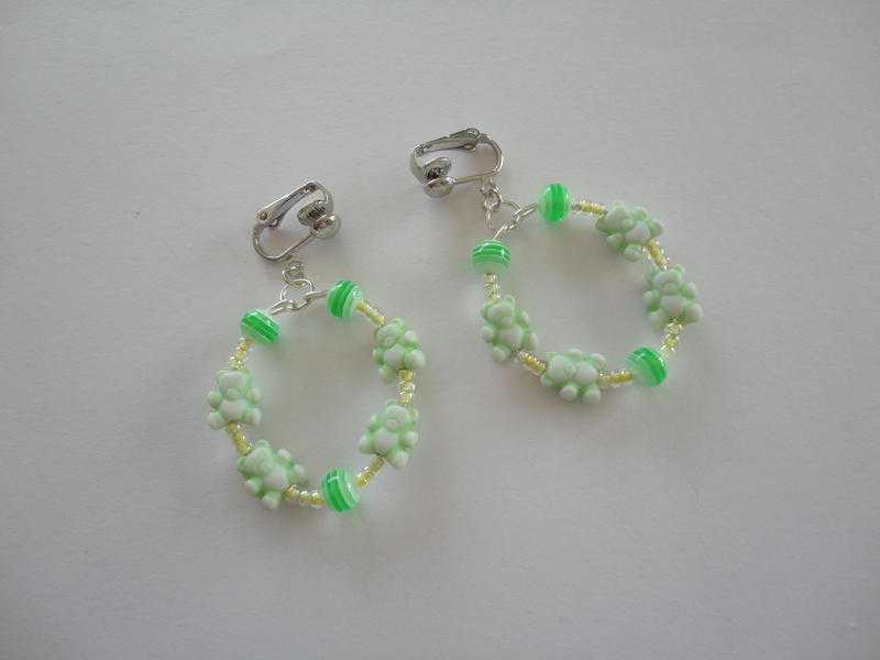 Green amp Yellow Acrylic Bear-Bead Hoop Earrings on Clip-On. Handmade.