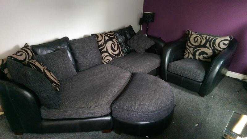 Half leather half fabric Large chaise sofa, chair and storage stool