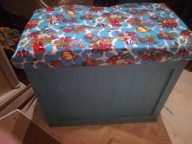 Hand built wooden toy box with padded seating