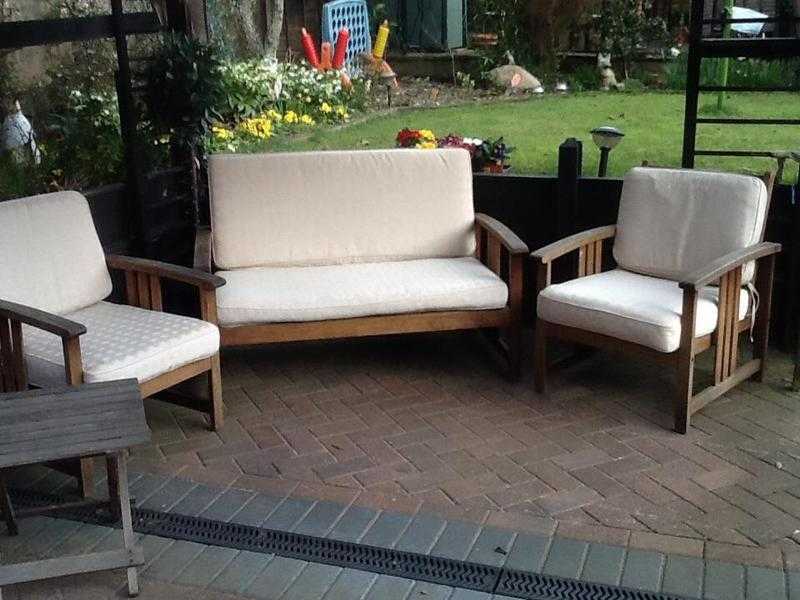 Hardwood 2 seater bench plus  2 matching chairs  with reversible upholstered loose cushions