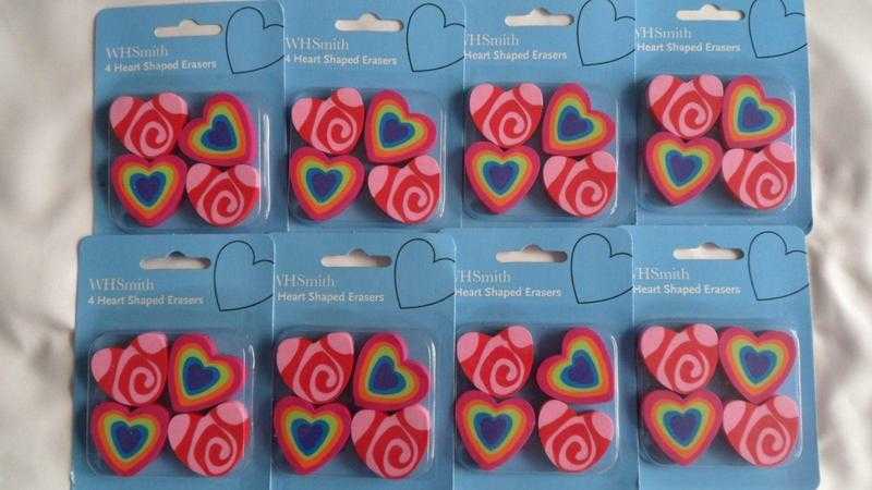 Heart Shaped Erasers, Multi coloured, W H Smith - 2 Packs of 4