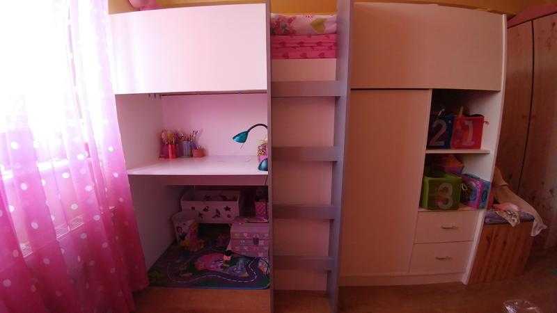 High sleeper bed with storage, desk and mattress