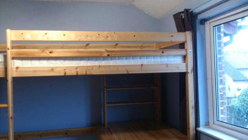 High sleeper cabin bed with built in desk and shelves.  Comes with mattress