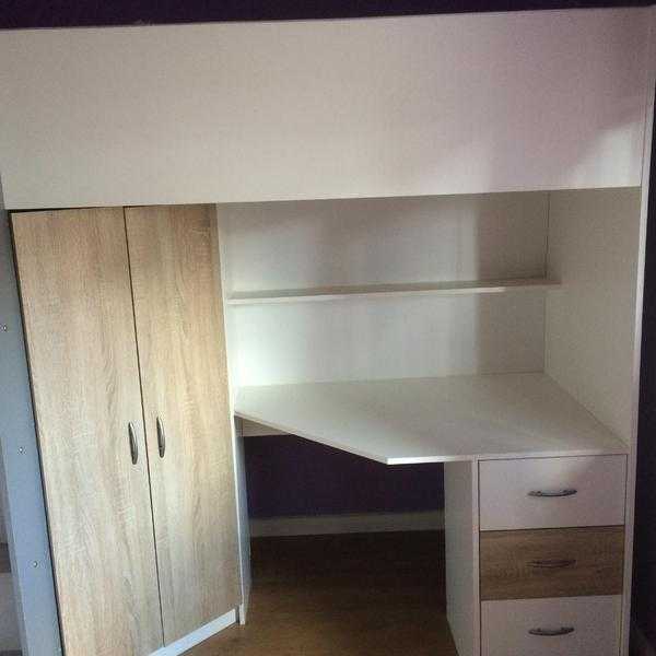 High sleeper cabin bed with wardrobe, desk, shelves and drawers