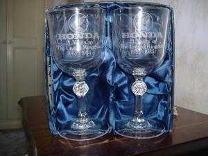 honda uk commemorative wine goblets(2) new collectors item issued only to chiswick staff