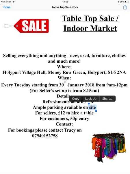 Indoor sale  market , every Tuesday from 30th jan