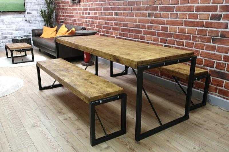 Industrial Steel amp Reclaimed Wood Dining Table  Benches  Set