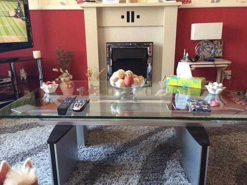Italian glass dining table and chairs, coffee table to match