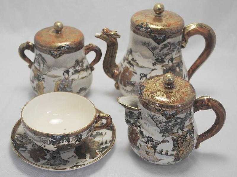 Japanese Satsuma Tea Set Antique Meiji Period Kyoto Hand Painted Shimazu Crested c.1900 or Earlier