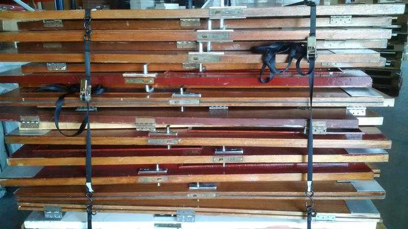 Job lot of fire doors with hinges latches kick plates