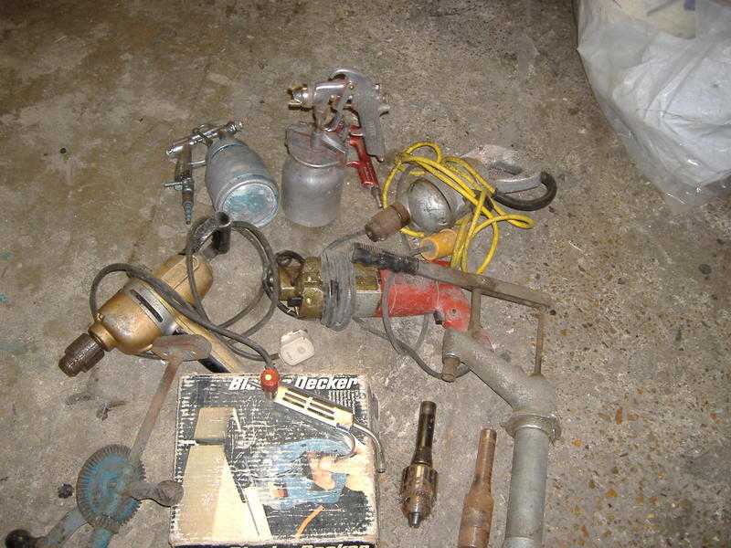 job lot of tools drills sprayguns jigsaw drill chucks etc