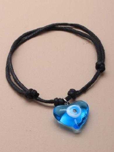 JTY046B - 2 Row Black corded bracelet with light blue heart eye charm.