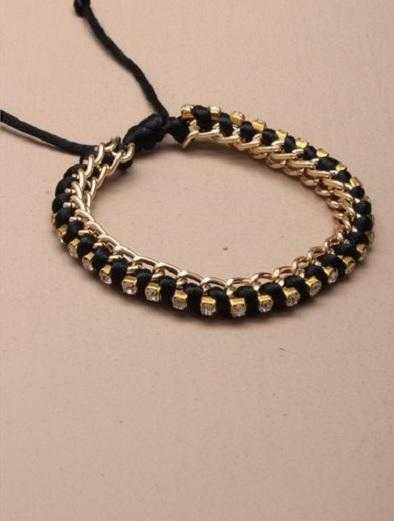 JTY071A - Black corded bracelet with gold coloured chain and diamante crystals