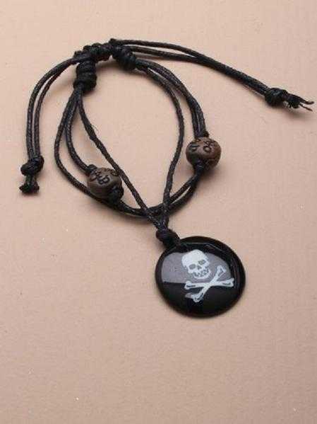 JTY113B - Multi strand black corded bracelet with black charm pendant. Skull amp Crossbones