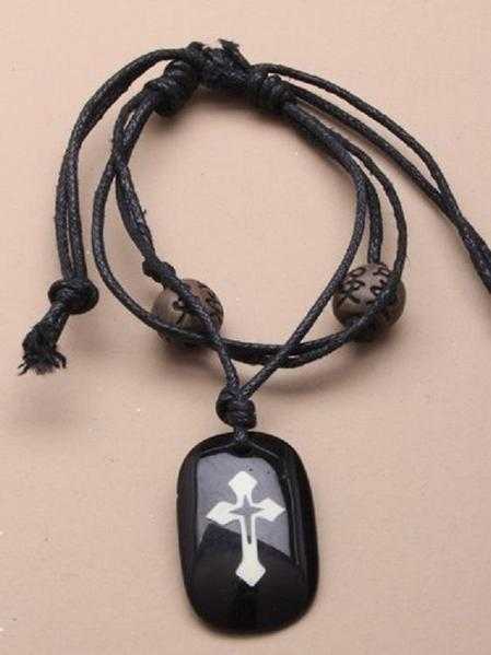 JTY113C - Multi strand black corded bracelet with black charm pendant. Cross
