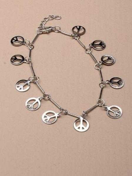 JTY116 - Silver coloured anklet chain with trailing peace symbol charms.