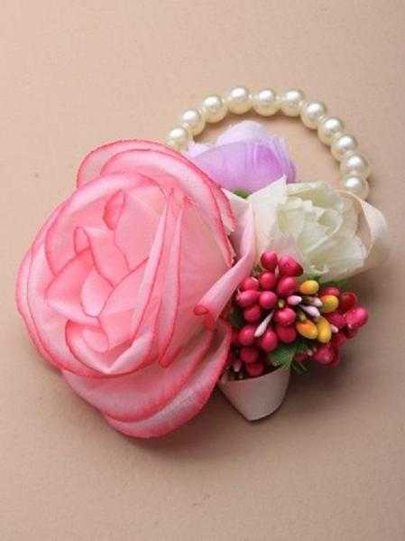 JTY127 - Faux pearl bead stretch wrist corsage with large roses with coloured buds. Pink