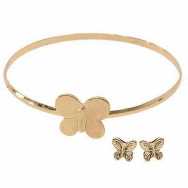 JTY196 - Gold coloured butterfly bangle and earrings set