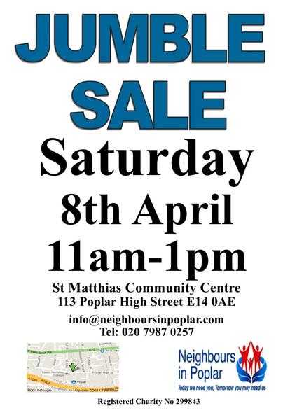 Jumble Sale Saturday 8th April Poplar E14