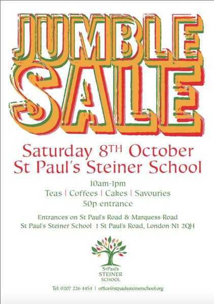 Jumble Sale St Pauls Steiner School Islington N1  Saturday 8th Oct 10am-1pm