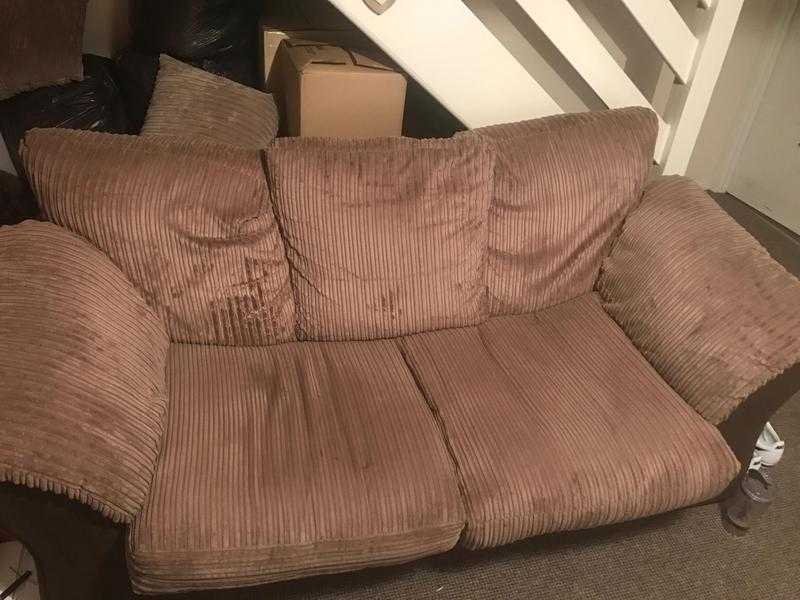 Jumbo cord brown sofa bed and matching bucket chair