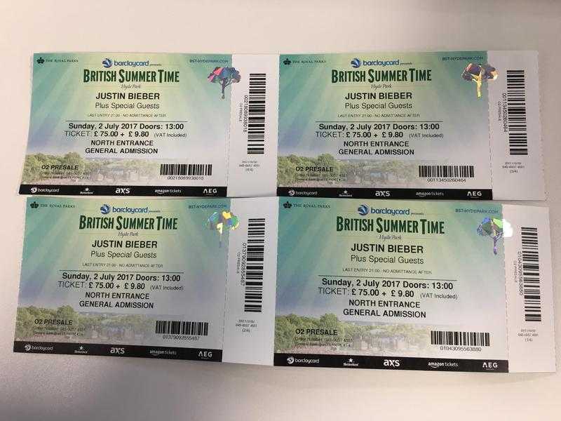 Justin Bieber tickets x4 at Hyde Park 2nd July 17