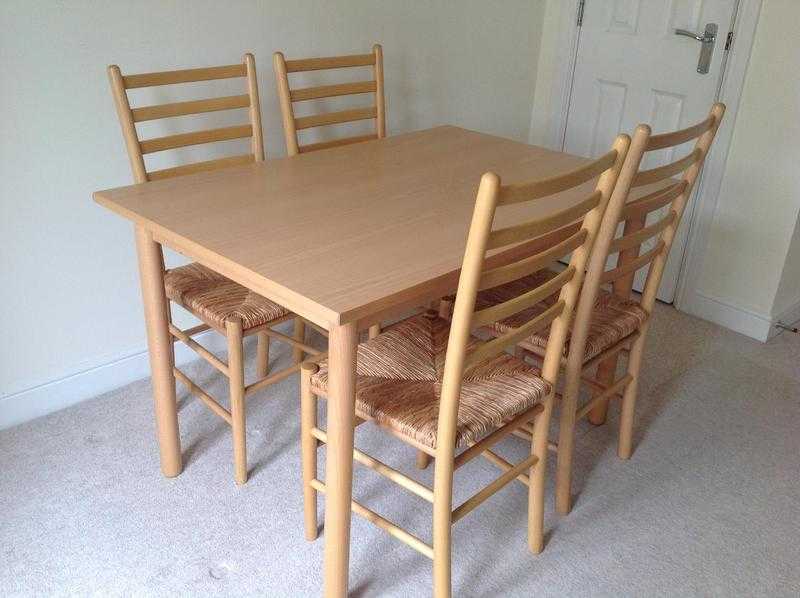 KITCHEN DINING FOUR LIGHT BEECH WOOD LADDER BACK CHAIRS with RUSH SEATS and RECTANGULAR TABLE