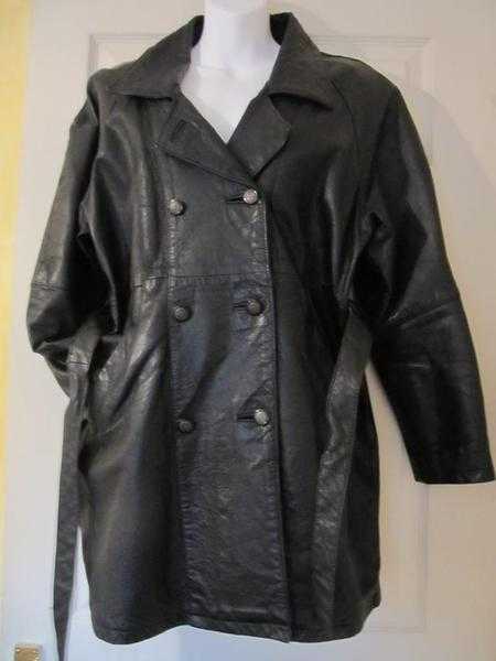 LADIES COAT JACKET SIZE 12-14 VINTAGE - Black quotMilanquot Real Leather Long