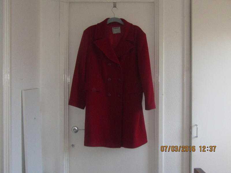 Ladies Knee length red woollen coat with big red buttons