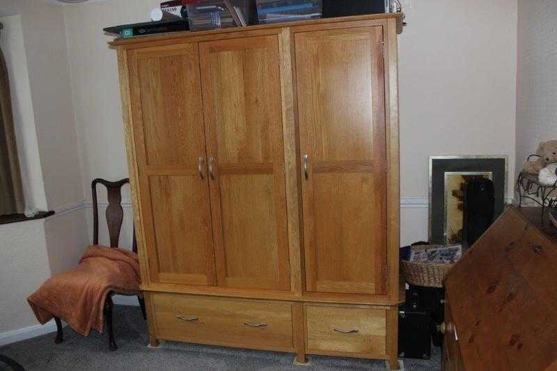 Large 3 Door Solid Pine Wardrobe with 2 Draws