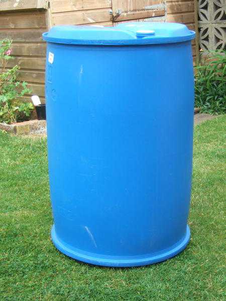 Large blue plastic 205 Lt barrels ideal water butts storage