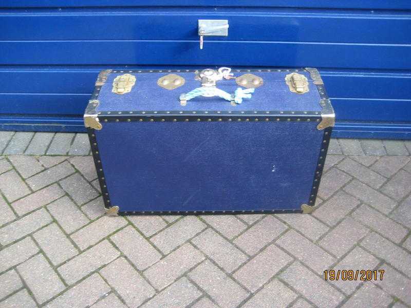 Large Blue Travelling Trunk, Brass Fittings