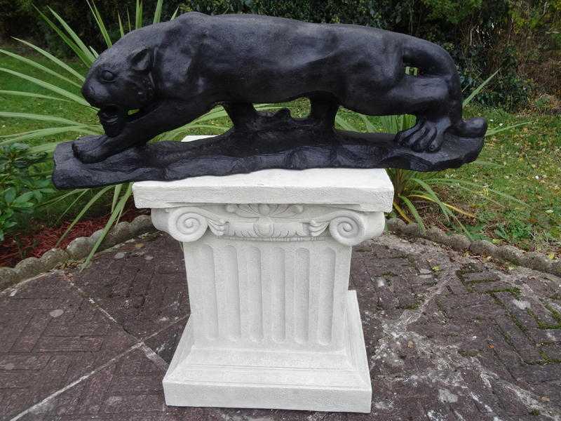 Large Bronze Style Hunting Black Panther amp Scroll Plinth Garden Hotel Pub Statue