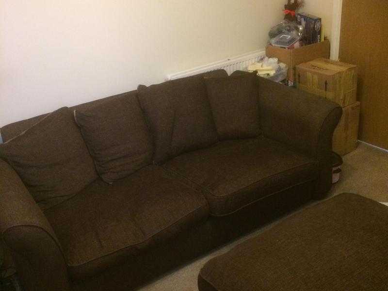 Large brown sofa with poof, chair