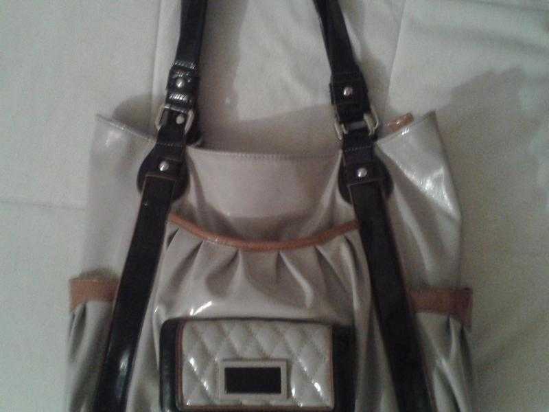 Large handbag BHS.Approx. height 48cm, width 40cm amp breadth 12cm. Beige with blocks of camel amp black