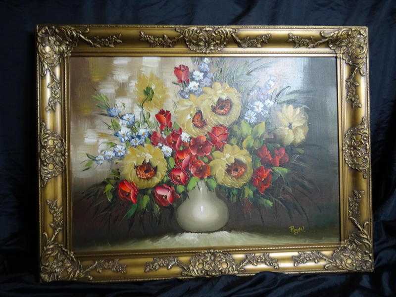 Large Oil On Canvas Vivid Red Poppies, Japonicas amp White Daisies Flowers Signed