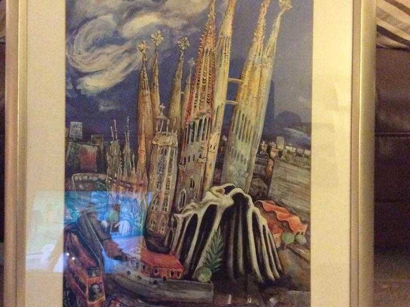 Large pale gold framed picture - colour print of Barcelona