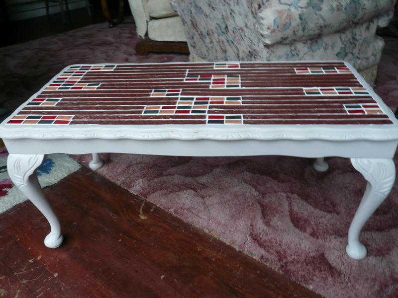 Large White Coffee Table. Colourful glass tiled top.