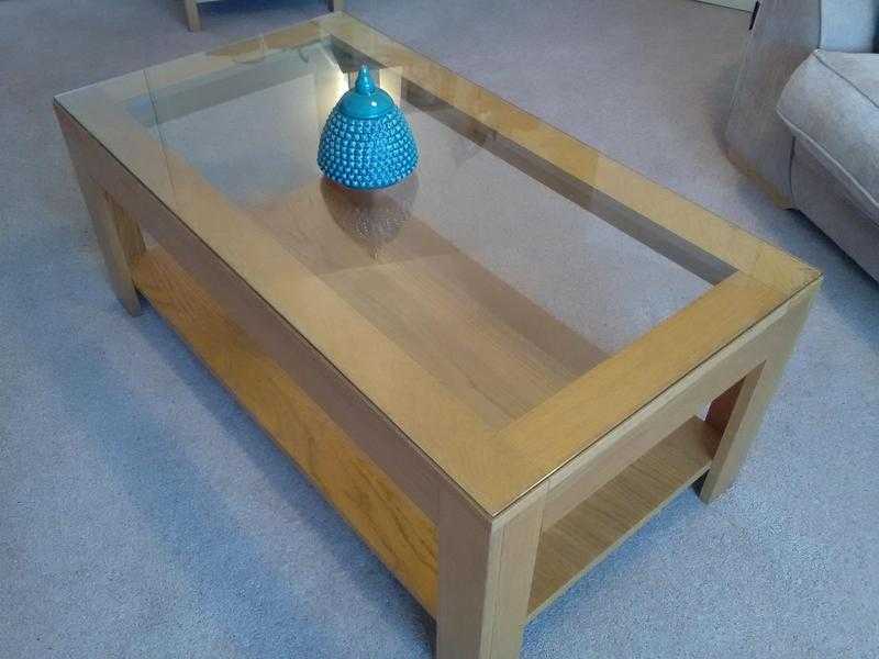 Large wood veneer amp glass coffee table