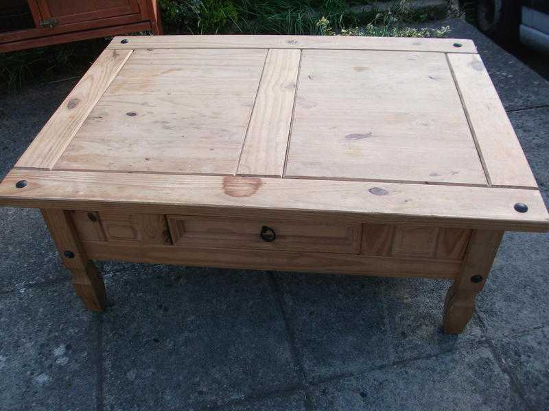 large wooden coffee table with drawer - rustic style - untreated ripe to upcycle