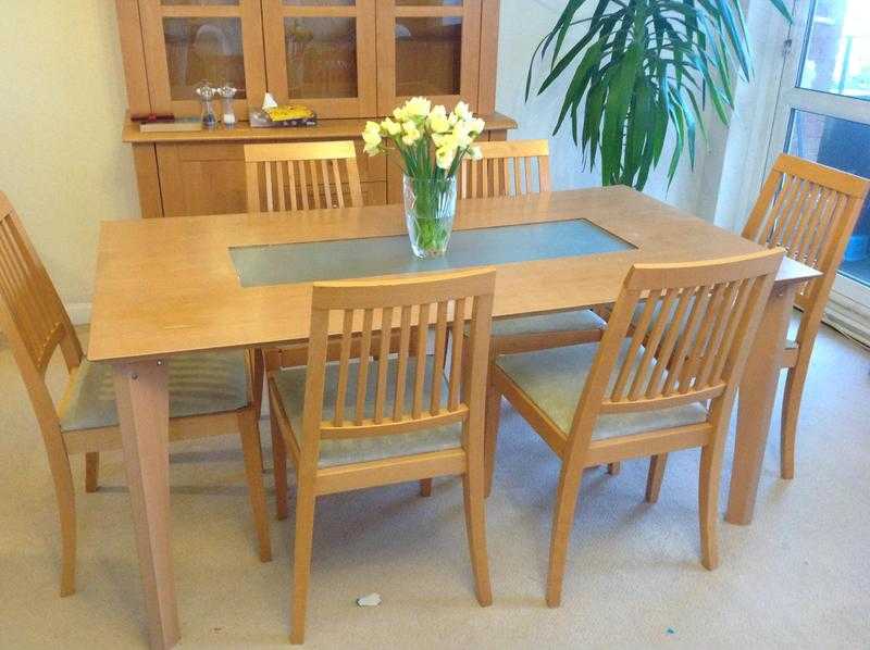 LARGE WOODEN PINE DINING TABLE AND 6 CHAIRS  COVERS VGC BRIGHTON AREA