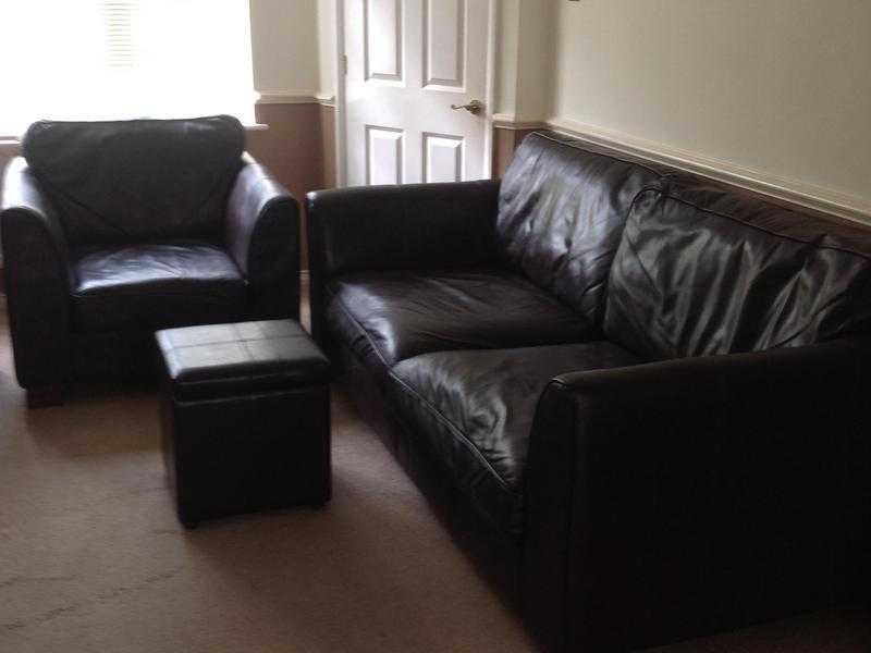 Leather 3 seater sofa, chair and footstool